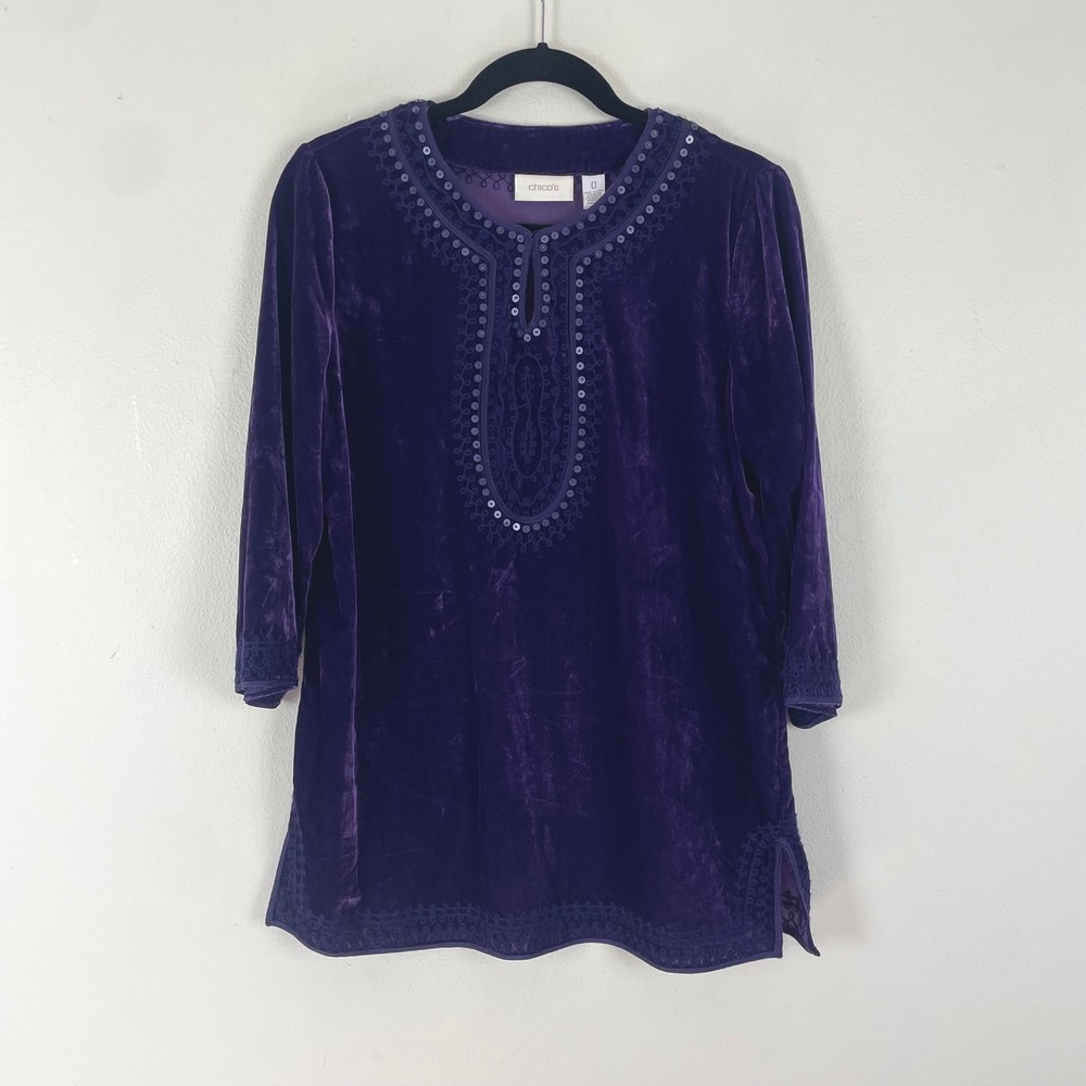 Chico's‎ Velvet Tunic Top Purple Embellished Detail Size 0/ Us S Whimsigoth Fall